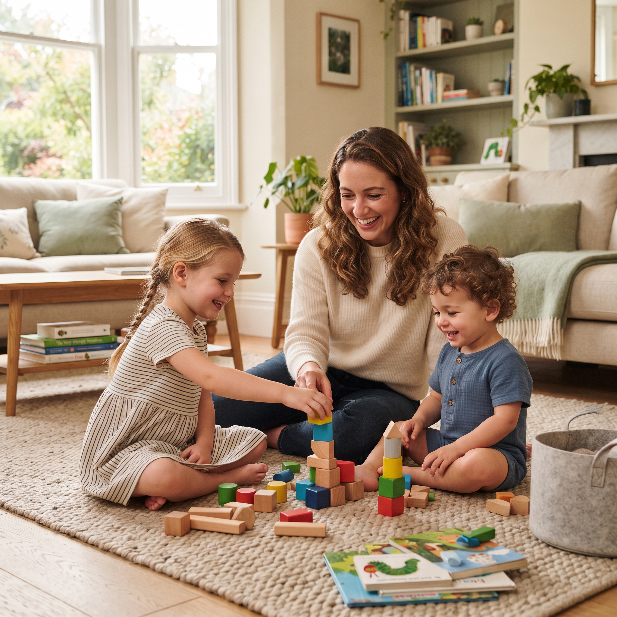 Babysitter playing with two children in a cosy living room